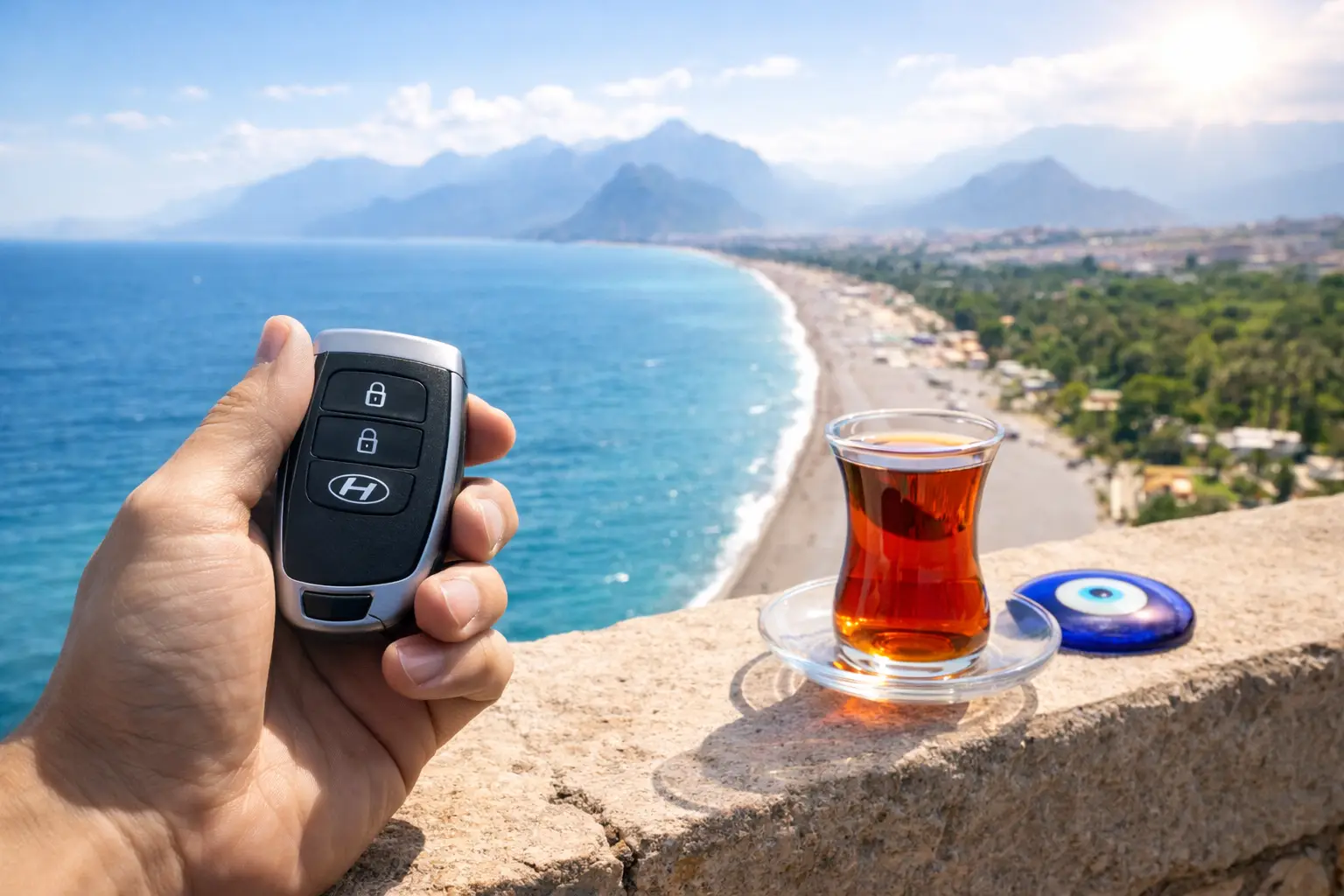 Antalya kiralama fırsatları için anahtar ve sahil teması